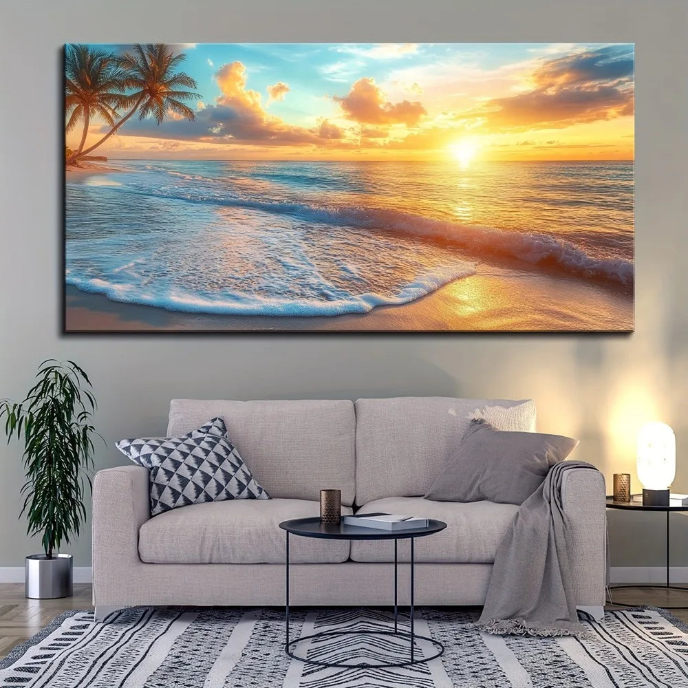 Pine Solid Wood Frame Scenery Ocean Sunset Canvas Wall Art