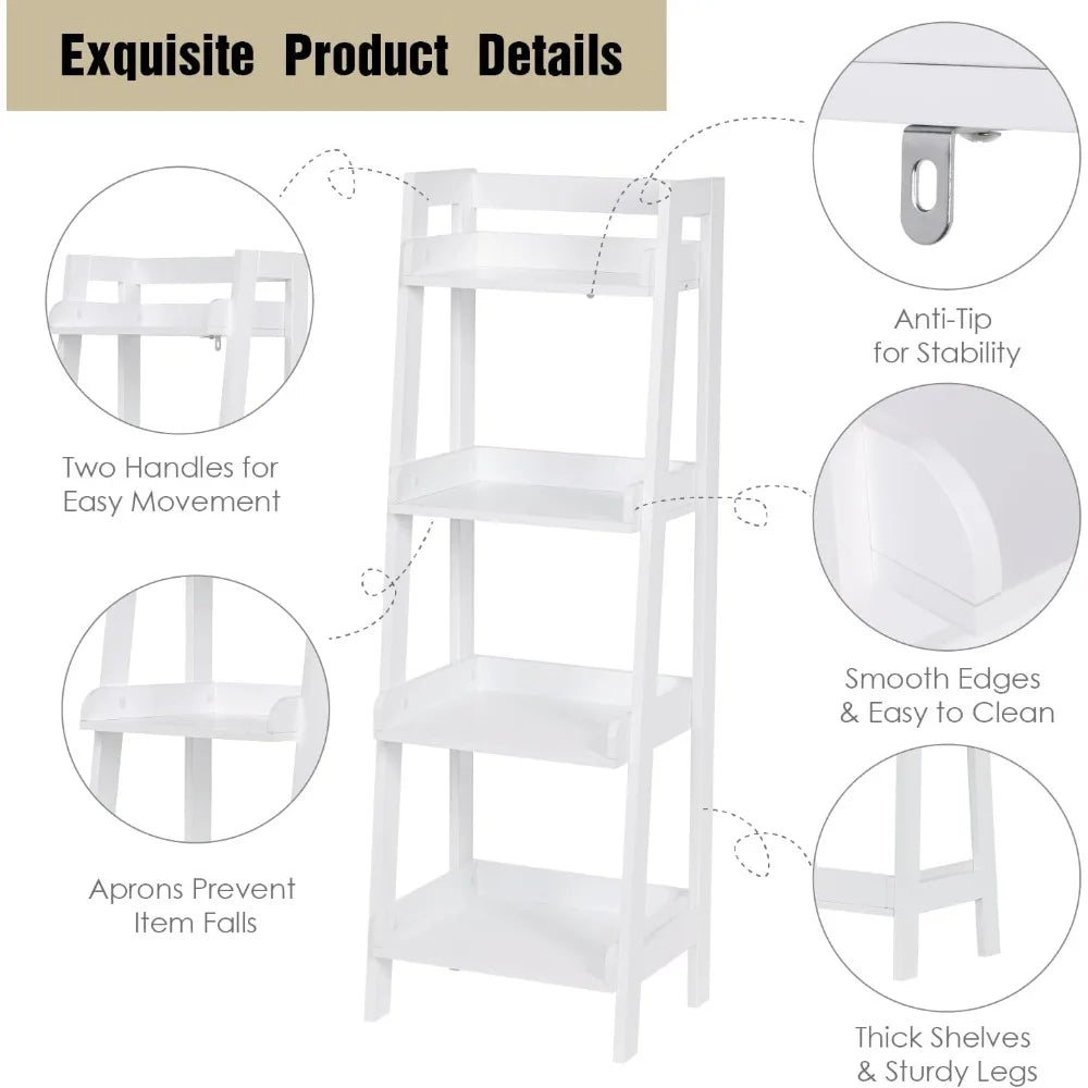 White 4-Tier Ladder Style Freestanding Bathroom Shelf with Open Wood Shelves for Space Saving