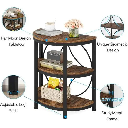 Half Moon End Table With Storage Shelves Wood Metal