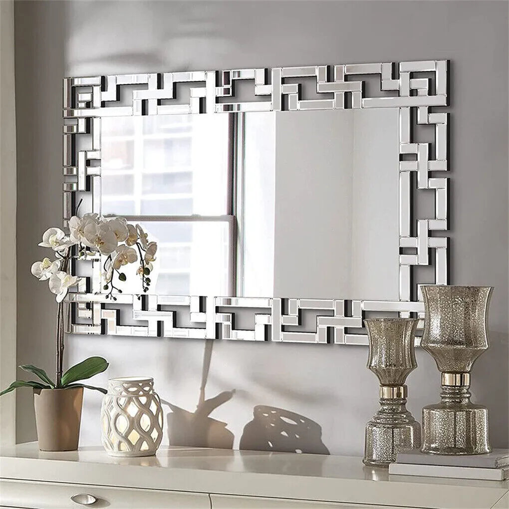 Rectangle Silver Venetian Art Mirror With Beveled Edge Wall Mount