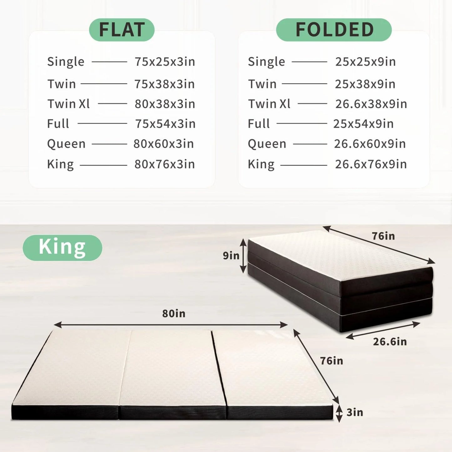 Hcore 3/4 Inch Tri-Fold Mattress With Washable Cover, Storage Pockets And Non-Slip Bottom For Yoga, Camping, Guest Rooms