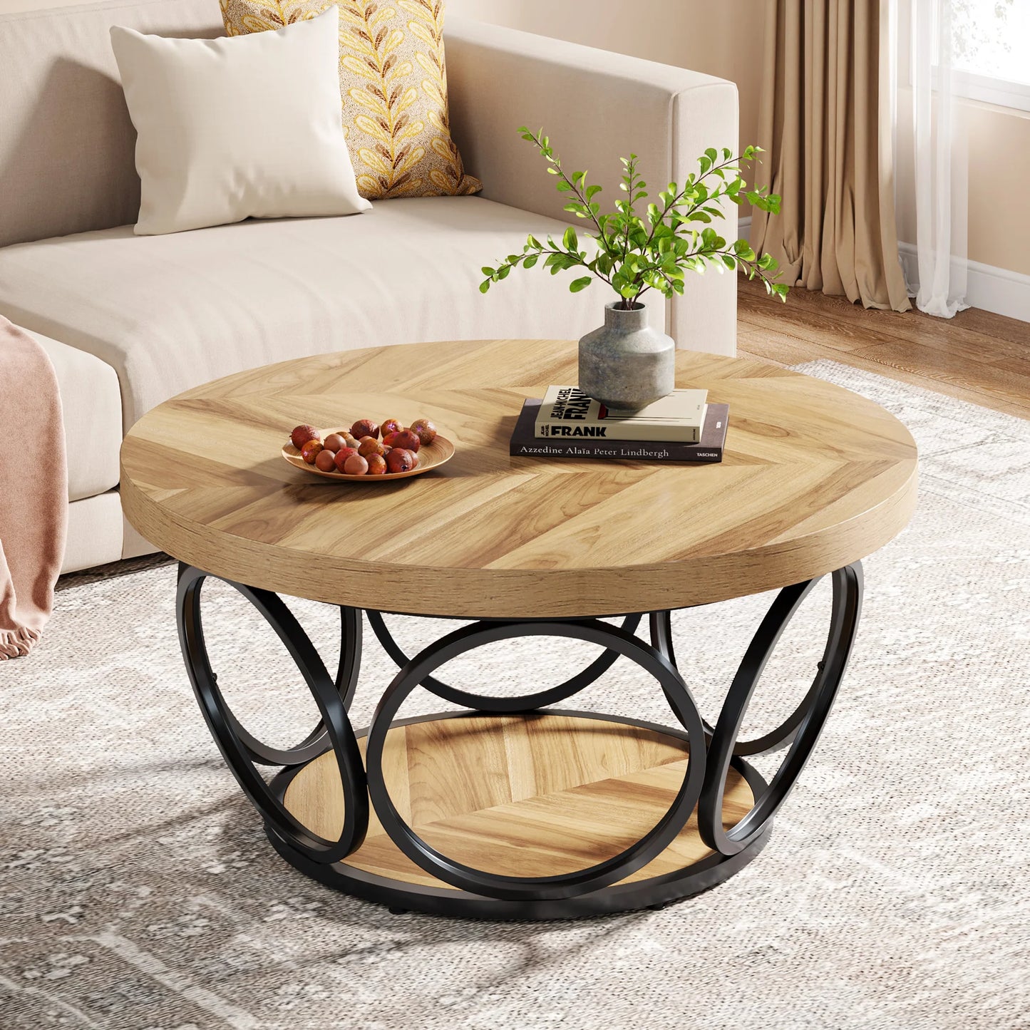 Tribesigns Round Coffee Table With Storage Shelves