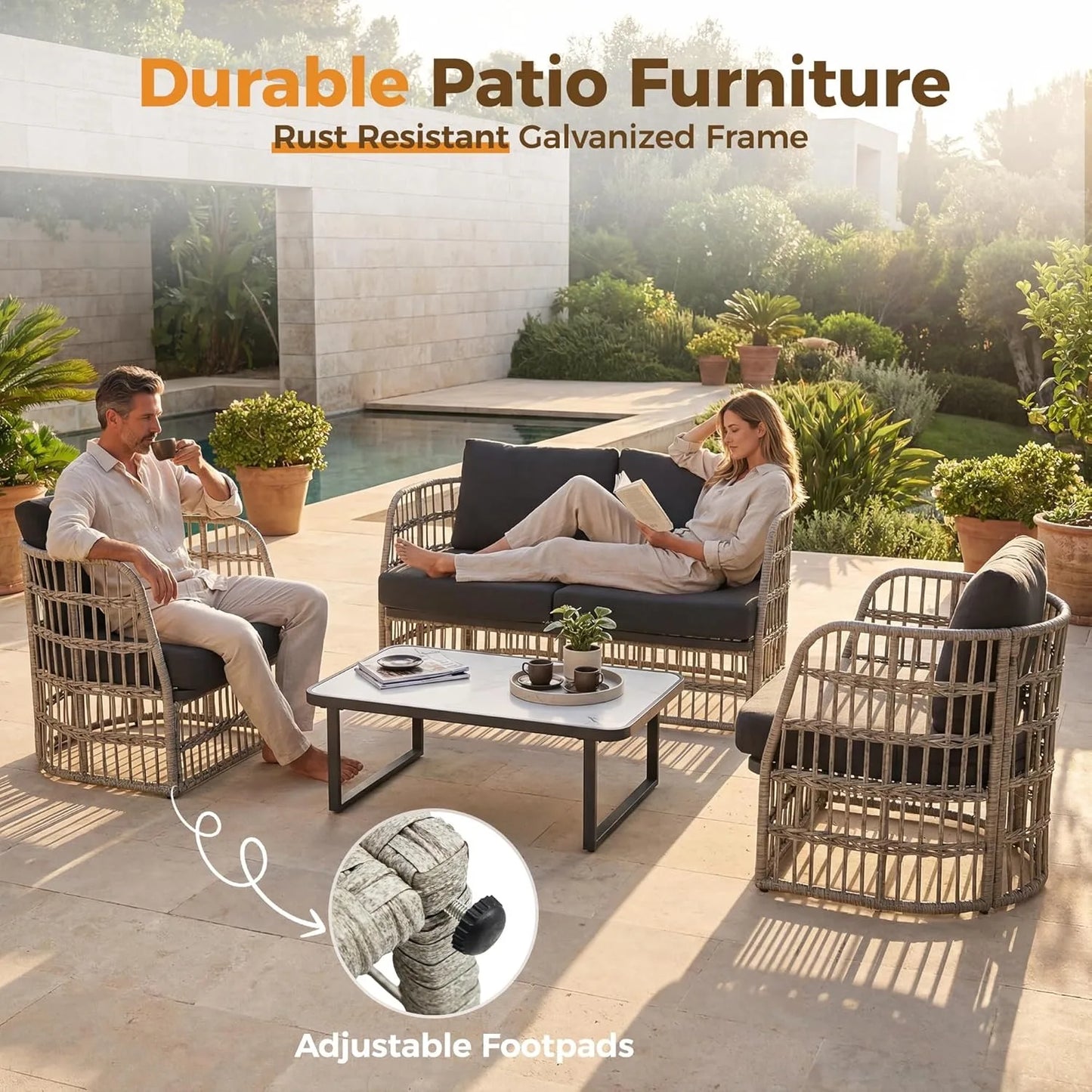XIUWO 4 Piece Outdoor Wicker Sectional Sofa Set For Patio Poolside