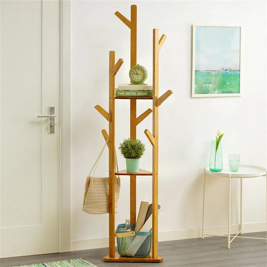 Wisfor Bamboo Corner Coat Rack Stand With Hooks And Shelves