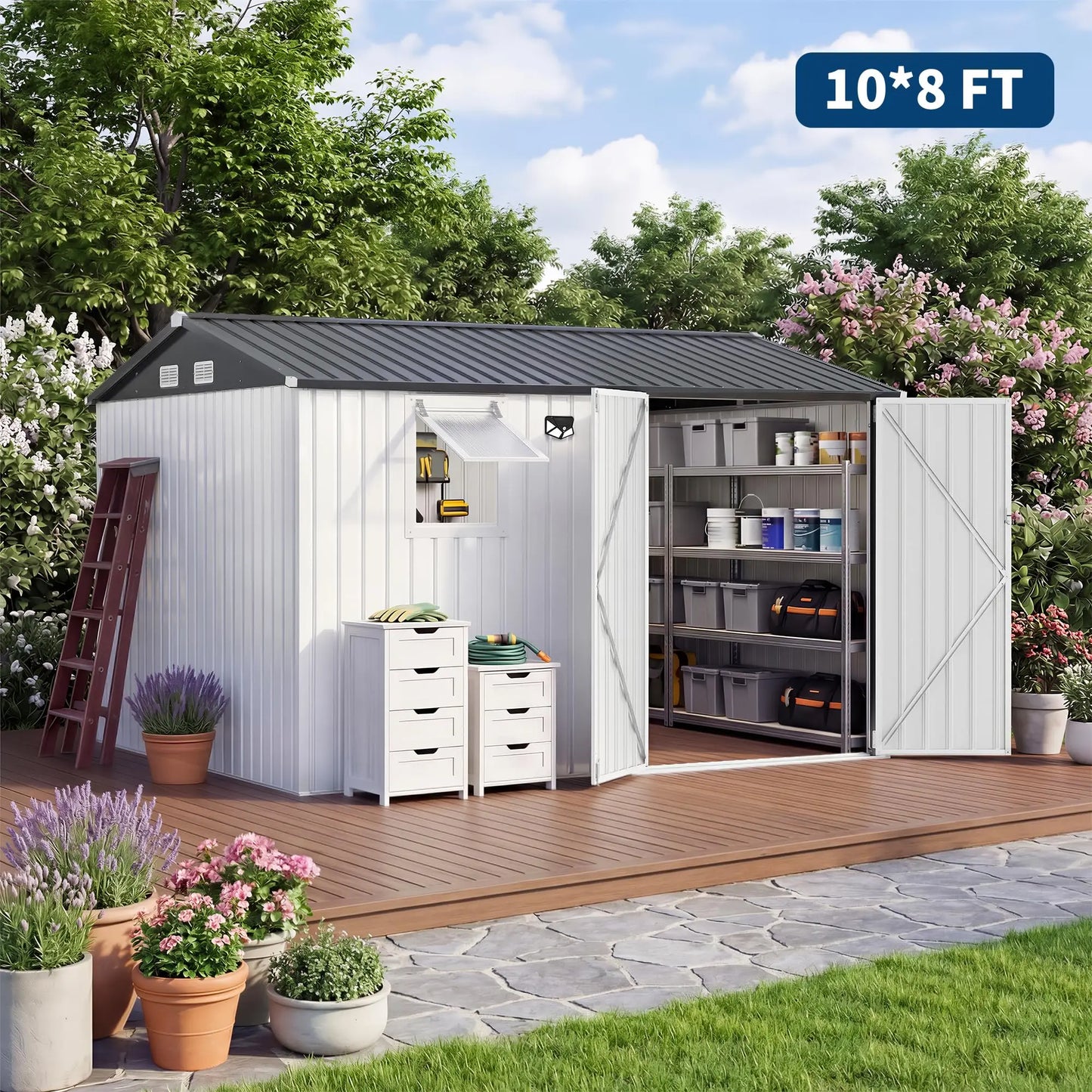 HiMISS Steel Garden Storage Shed With Sloped Roof Lockable Doors Vents Window