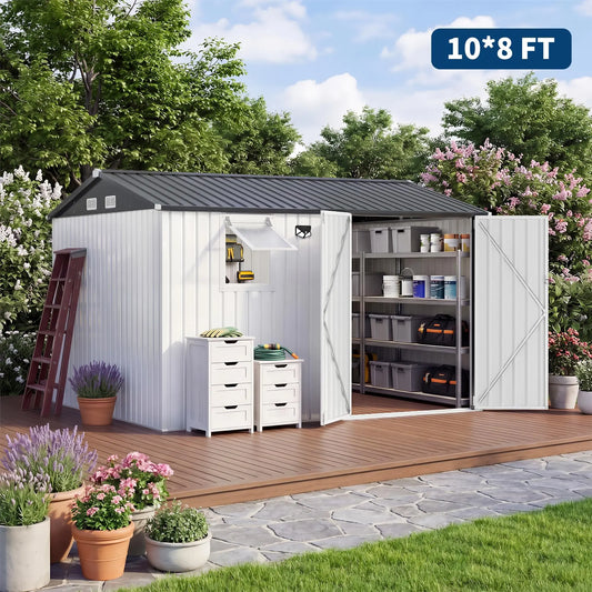 HiMISS Steel Garden Storage Shed With Sloped Roof Lockable Doors Vents Window