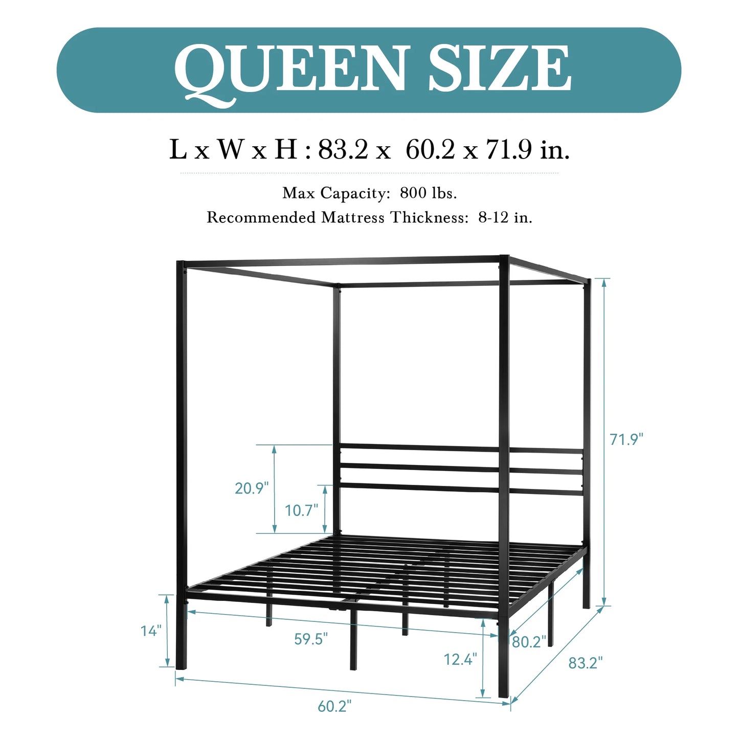 HOOMICH Canopy Bed Frame With Enhanced 3-Metal Crossbars