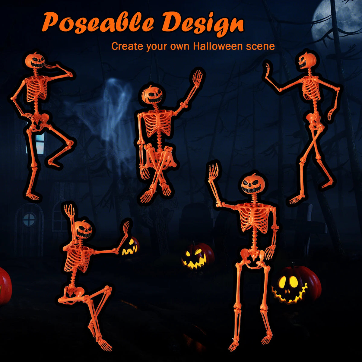 LIFEZEAL Poseable Pumpkin Head Skeleton Halloween Decoration Prop