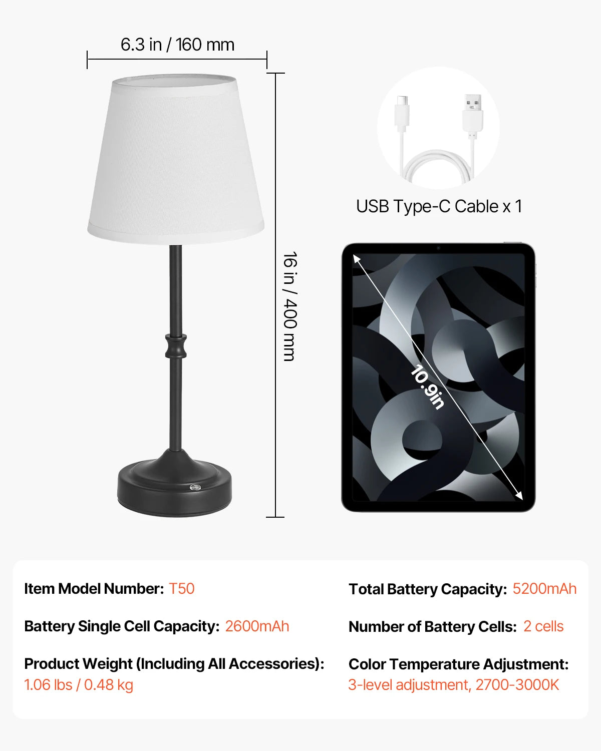 SucceBuy Cordless Table Lamp 5200mAh Rechargeable Battery 3 Brightness Levels