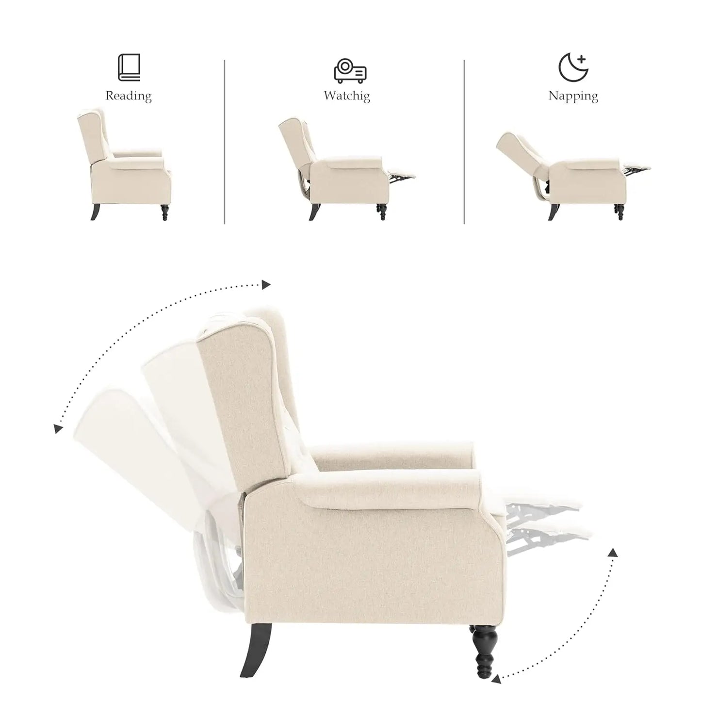 Mid Century Wingback Linen Recliner Chair Button Tufted For Adults