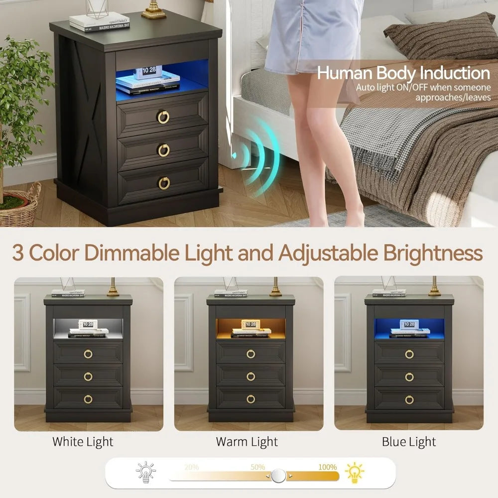 Farmhouse Nightstand With Gun Drawer, Led Lights And Charging Station