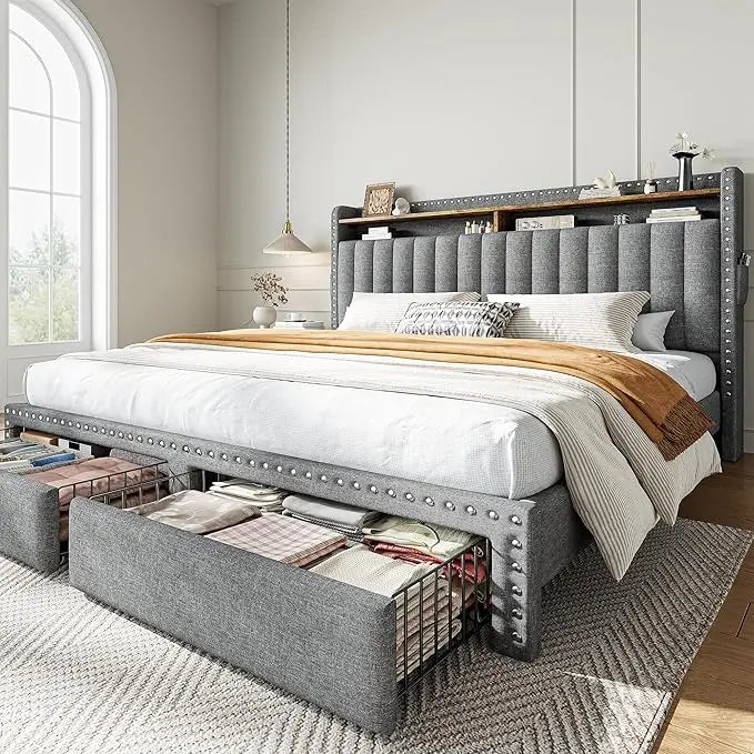 King Platform Bed Frame With Storage Drawers And Headboard Shelf