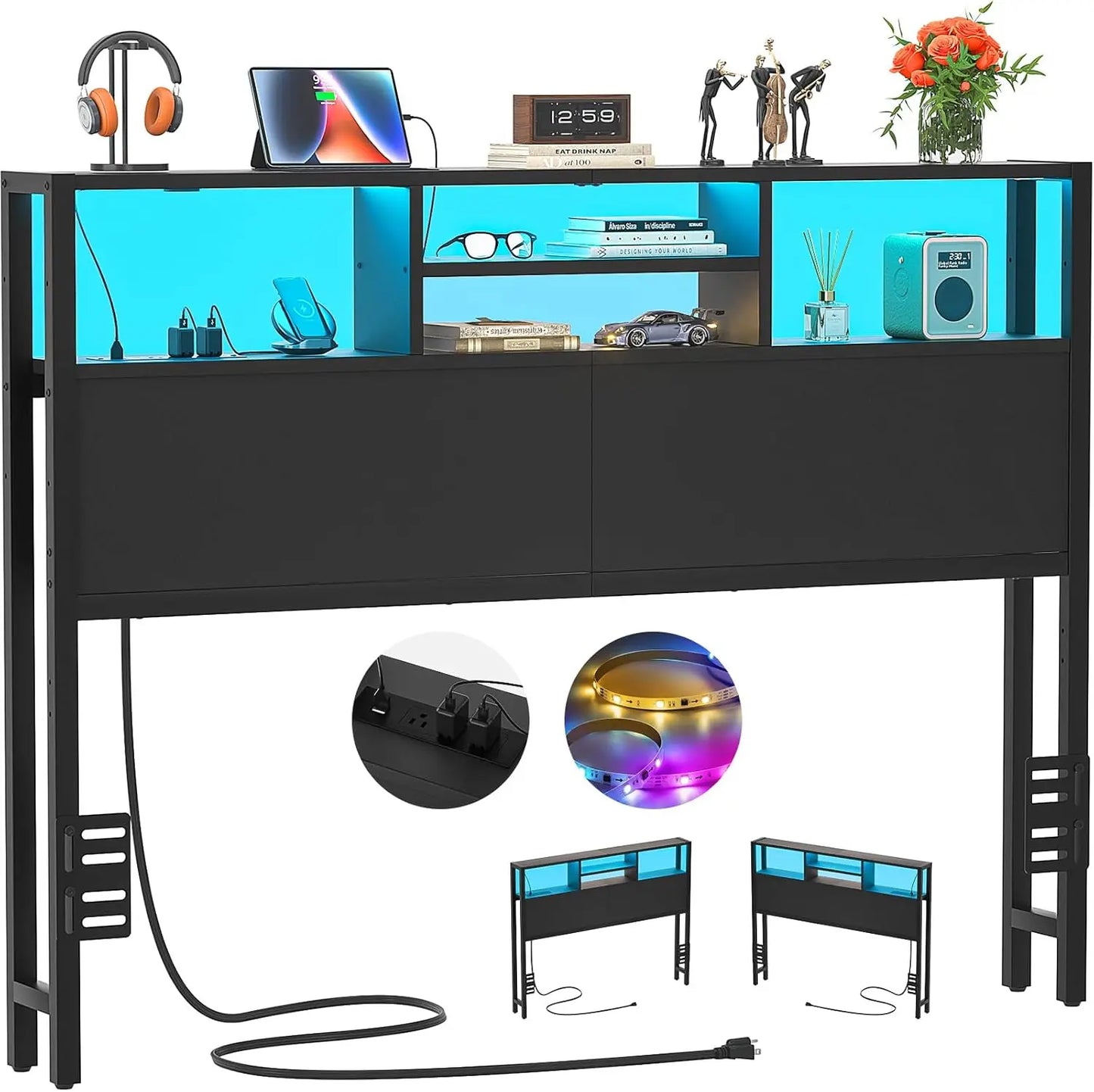 Bed Headboard With Storage Outlets USB Ports LED Light