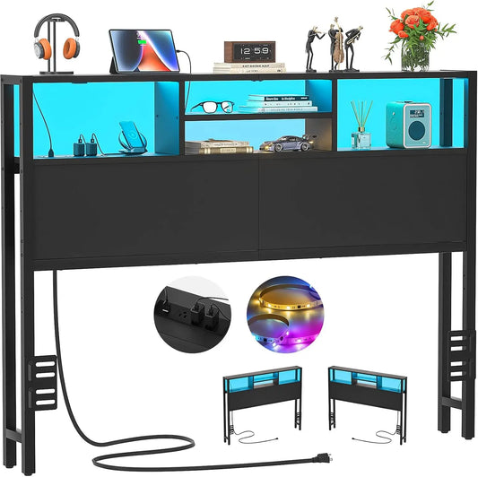 Bed Headboard With Storage Outlets USB Ports LED Light