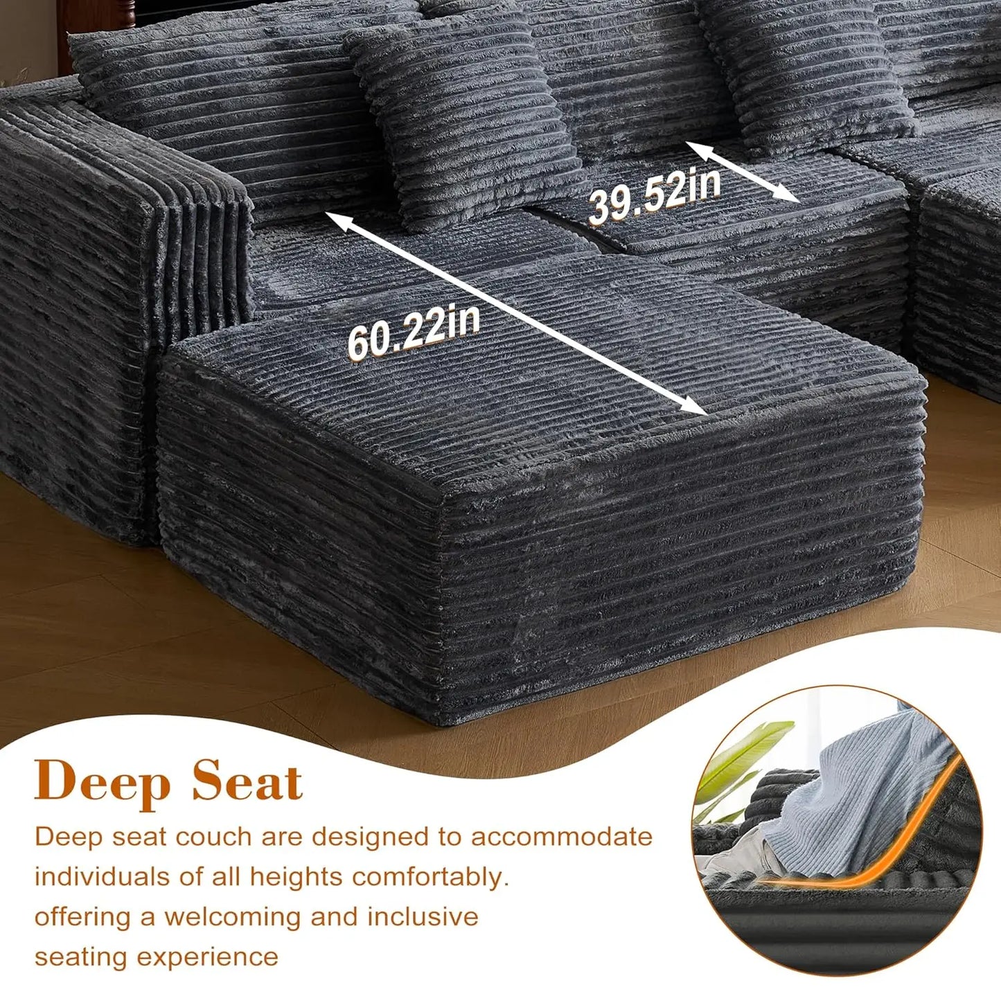 Corduroy Modular Sectional Sofa With Ottomans And Convertible Cloud Couch