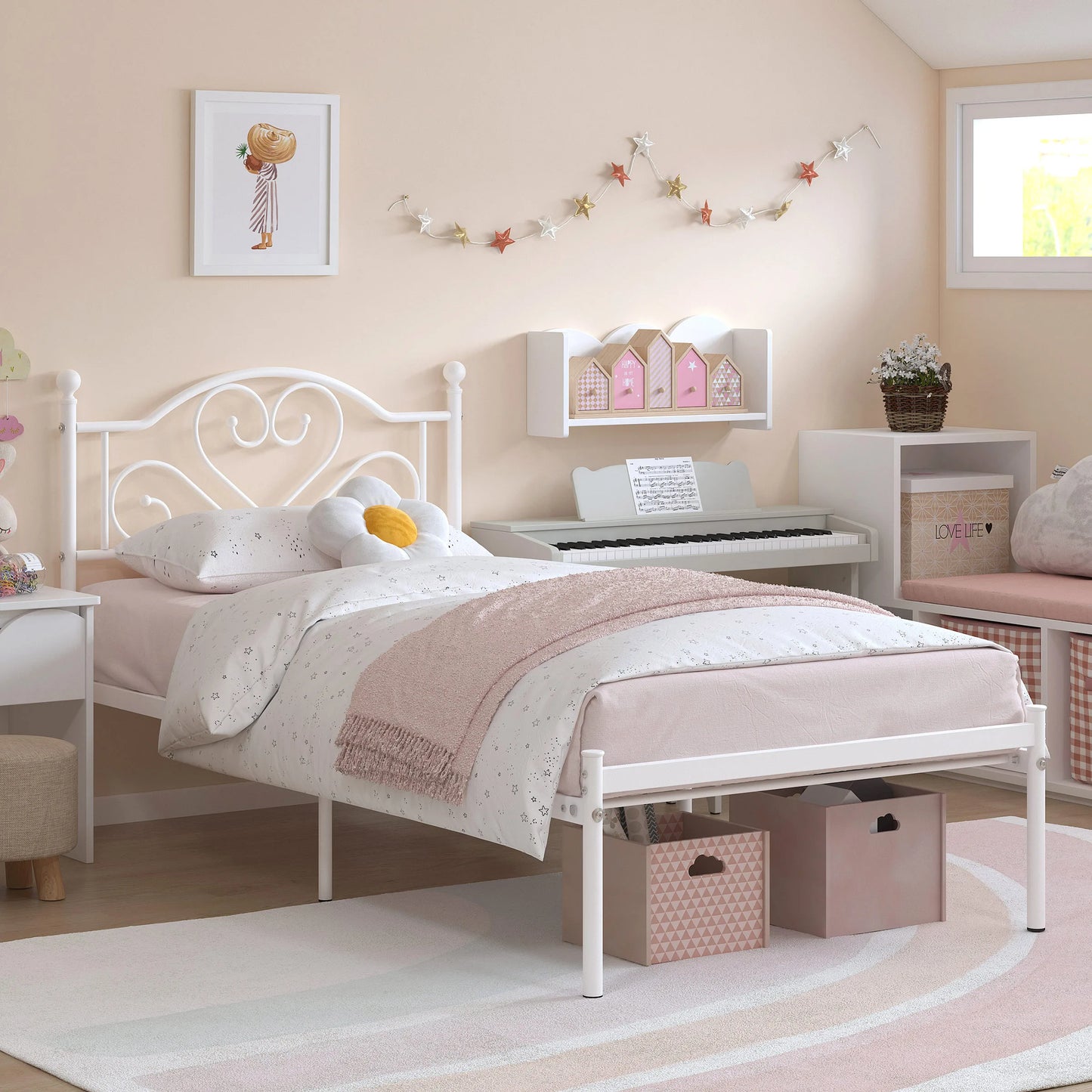 MERRONIX Heavy Duty Metal Bed Frame With Heart Shaped Headboard