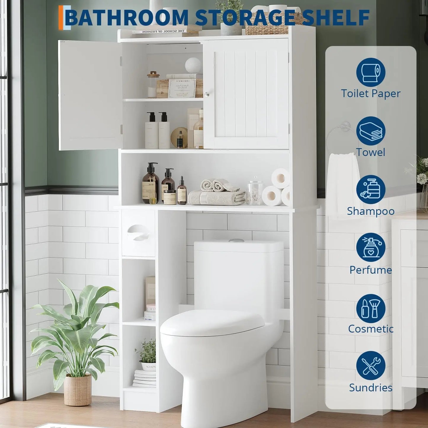 Barn Door Over Toilet Storage Cabinet, Adjustable Shelves & TP Holder, Freestanding Bathroom Organizer, Space Saver