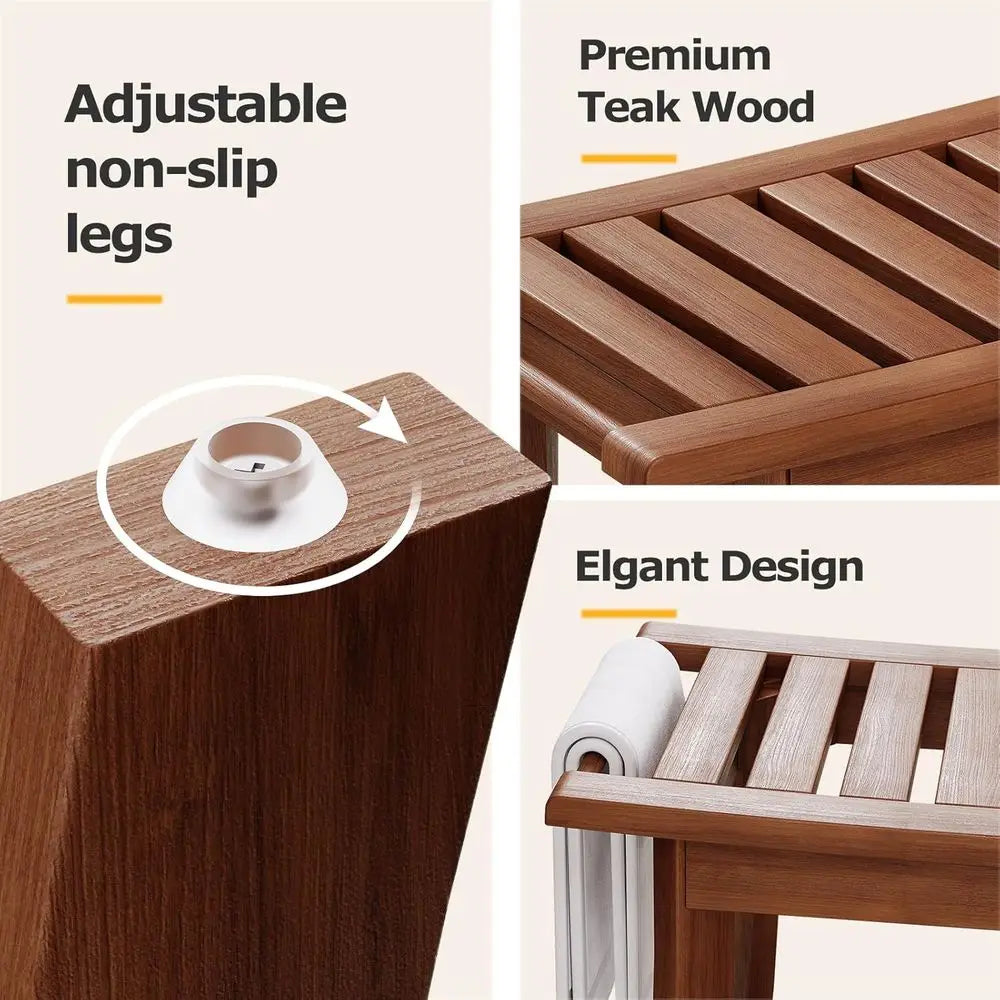 Teak Shower Bench With Storage Shelf And Towel Rack For Indoor Outdoor Baths