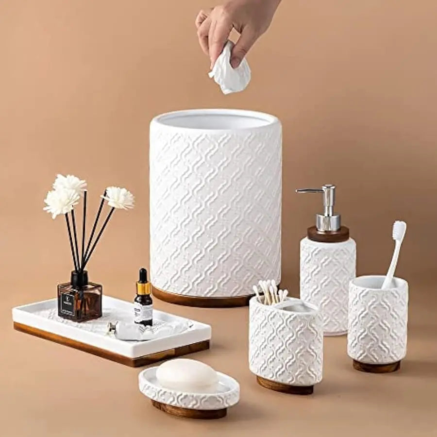 Elegant Ceramic And Wood Six Piece Bathroom Accessories Set