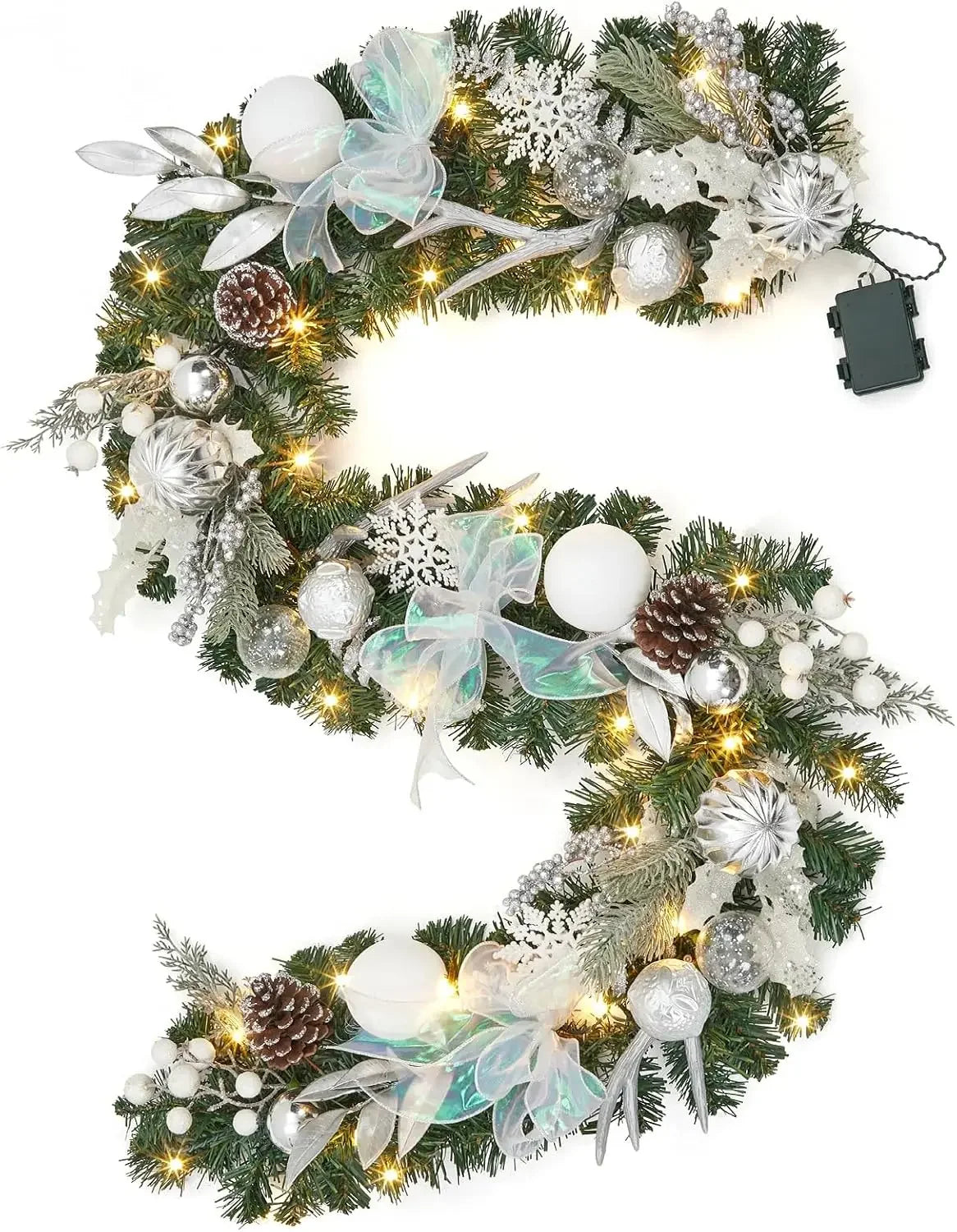Garvee Lighted Christmas Garland With Timer And Decorative Ornaments