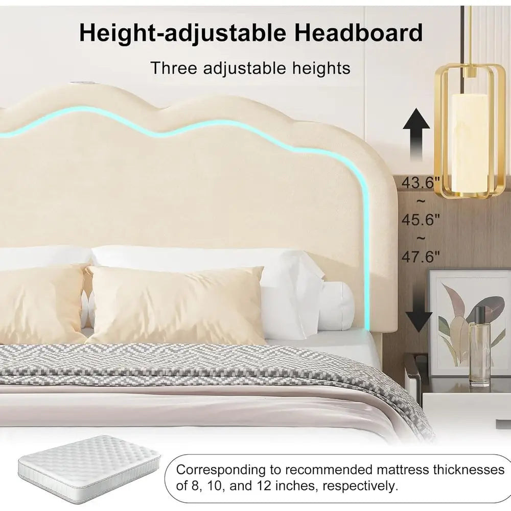 VECELO Upholstered Bed With Adjustable Board LED Lights USB C