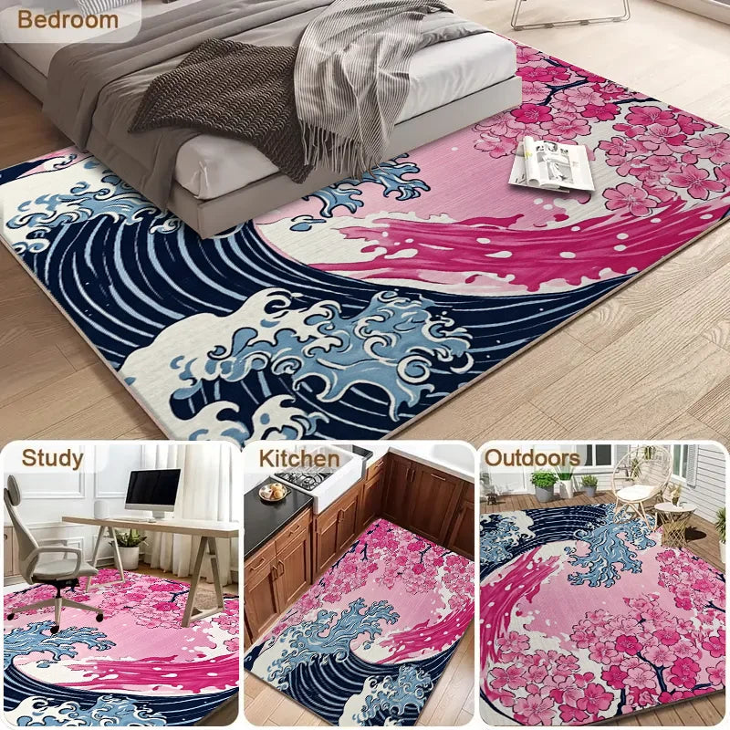 VIKAMA Japanese Cherry Blossom Wave Sofa Carpet Anti Slip Mat