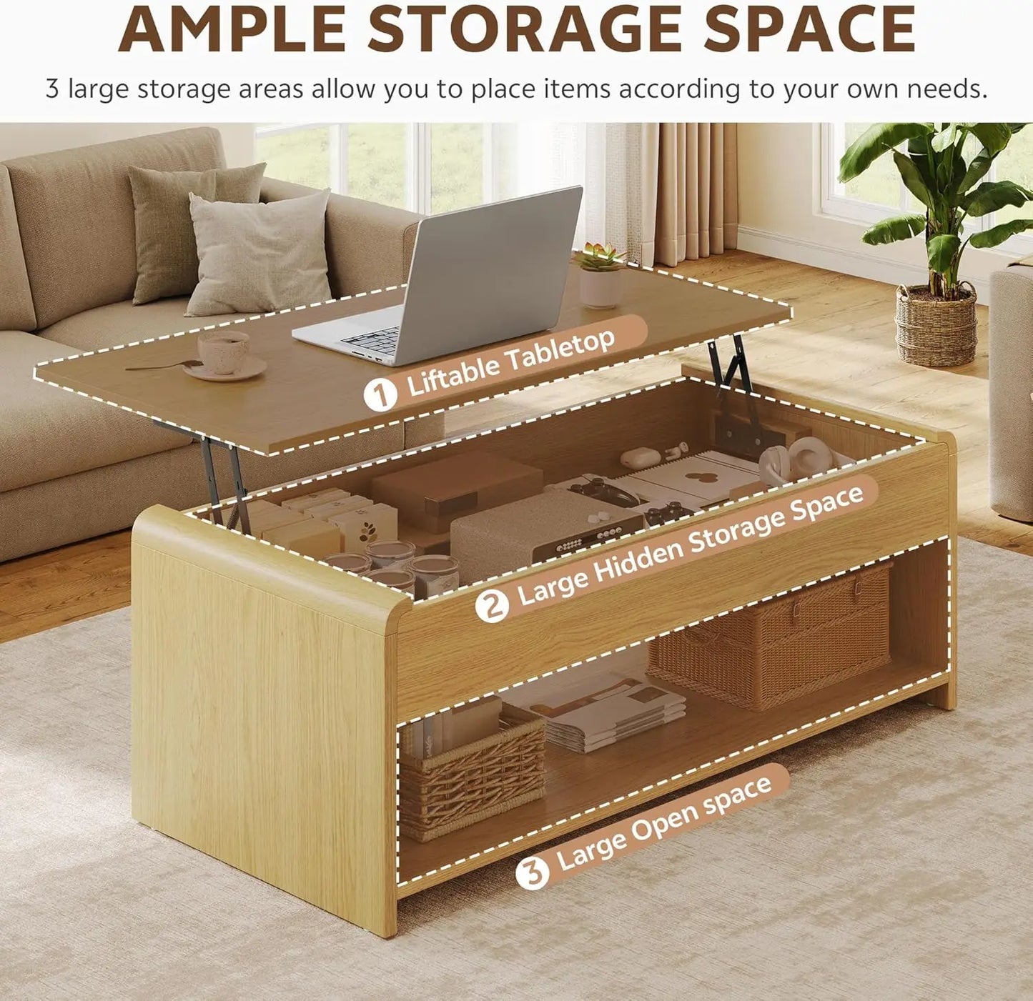 XIUWO Lift Top Coffee Table With Hidden Compartment