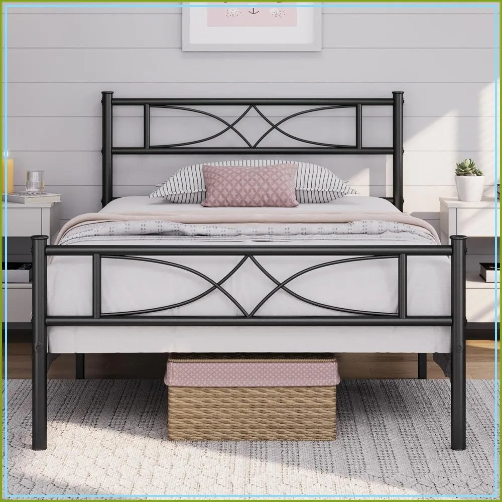 Metal Platform Bed With Curved Headboard Heavy-Duty Support