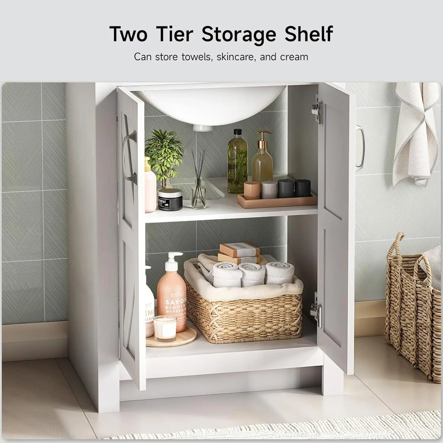 Bathroom Vanity with Ceramic Sink, 24 Inch Bathroom Vanities with 2 Soft-Close Door & Metal Handle, Modern Single, Customized