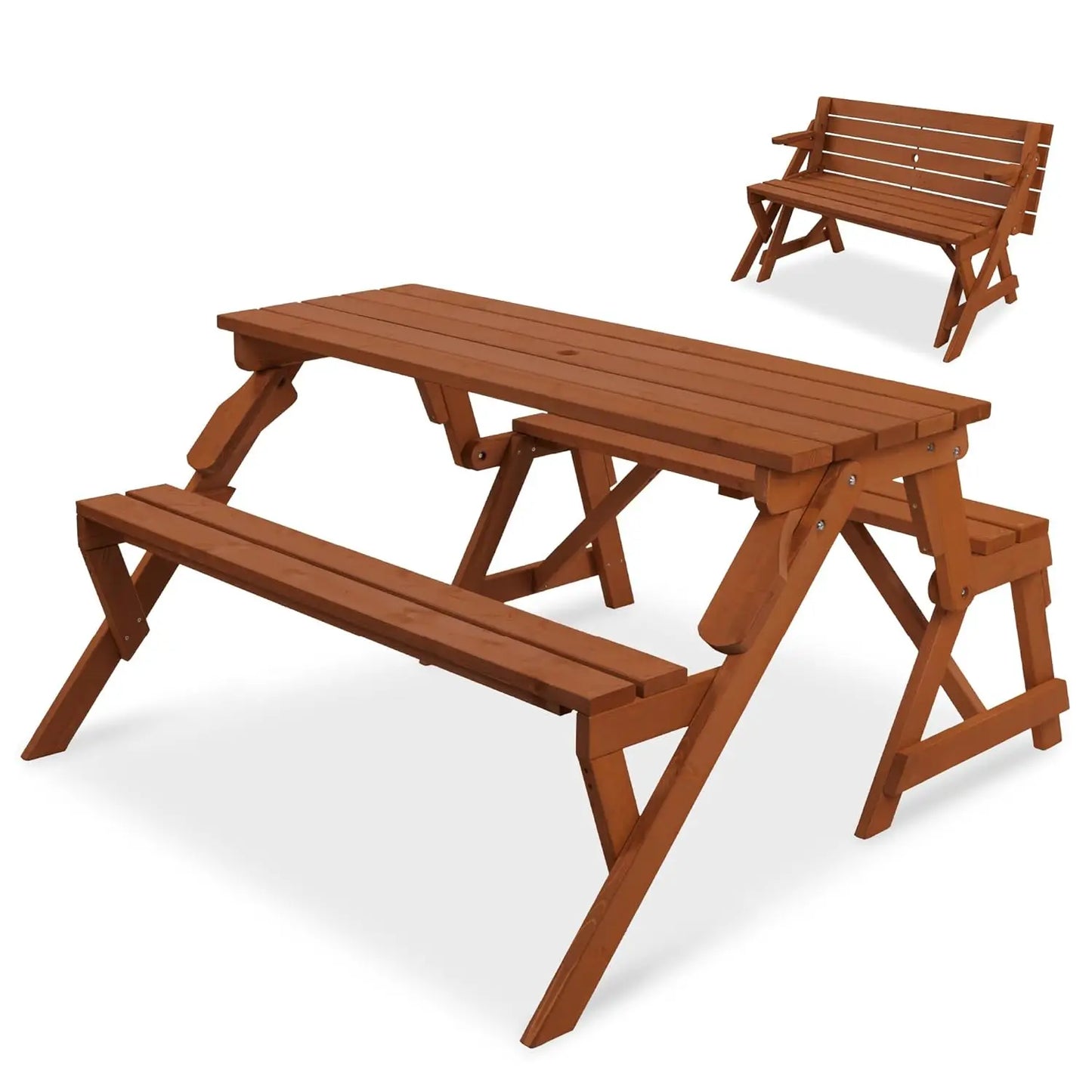 2-In-1 Transforming Outdoor Wooden Picnic Table Bench For Backyard Patio