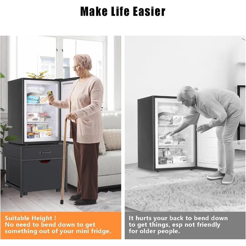 Mini Fridge Stand with Storage, Heavy Duty Mini Fridge Table with Rolling Cabinet 220LBS Capacity Tabletop for Dorm, Apartment,