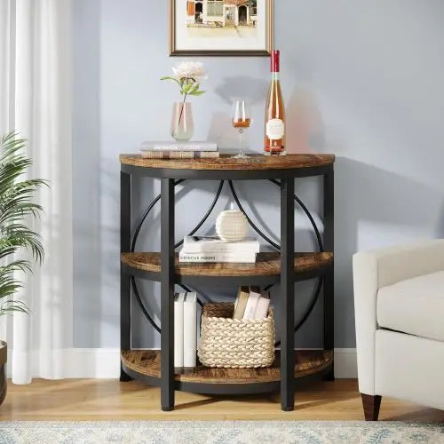 Half Moon End Table With Storage Shelves Wood Metal