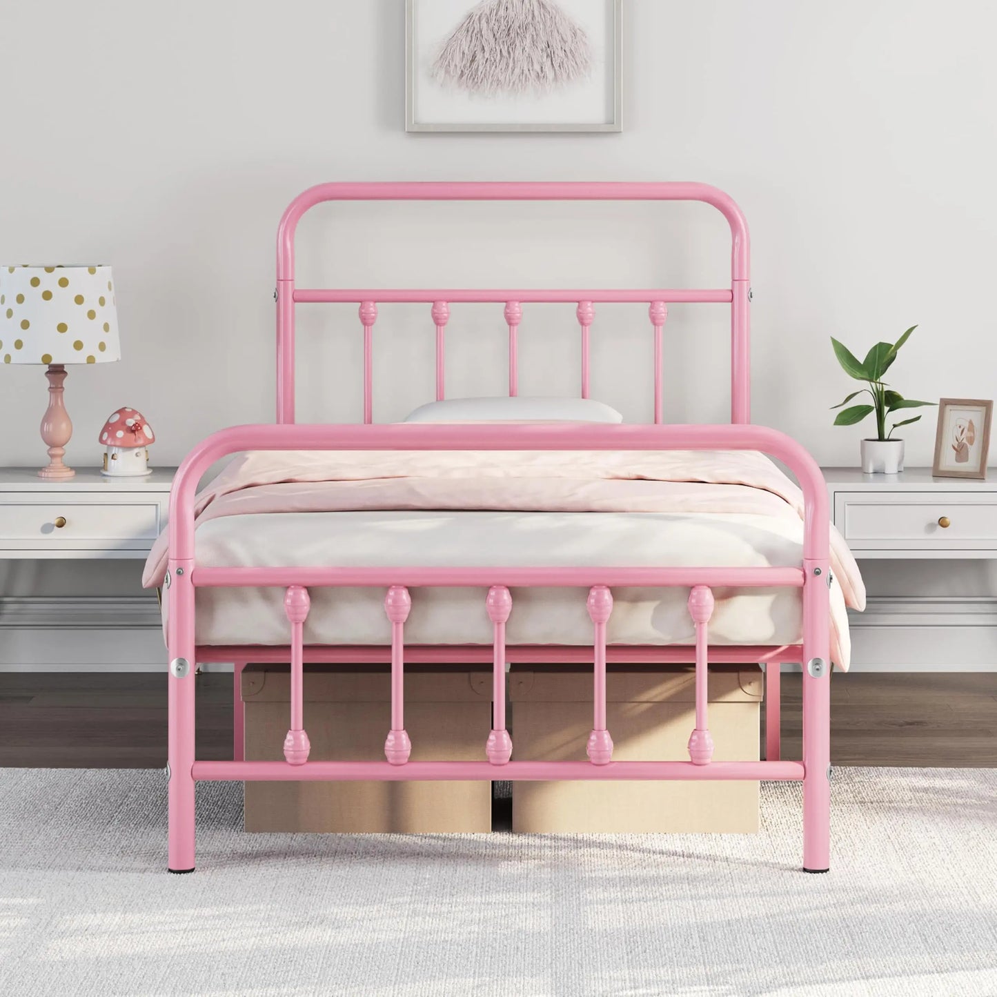 Classic Metal Platform Bed Frame Mattress Foundation with Victorian Style Iron-Art Headboard/Footboard/Under Bed Customized