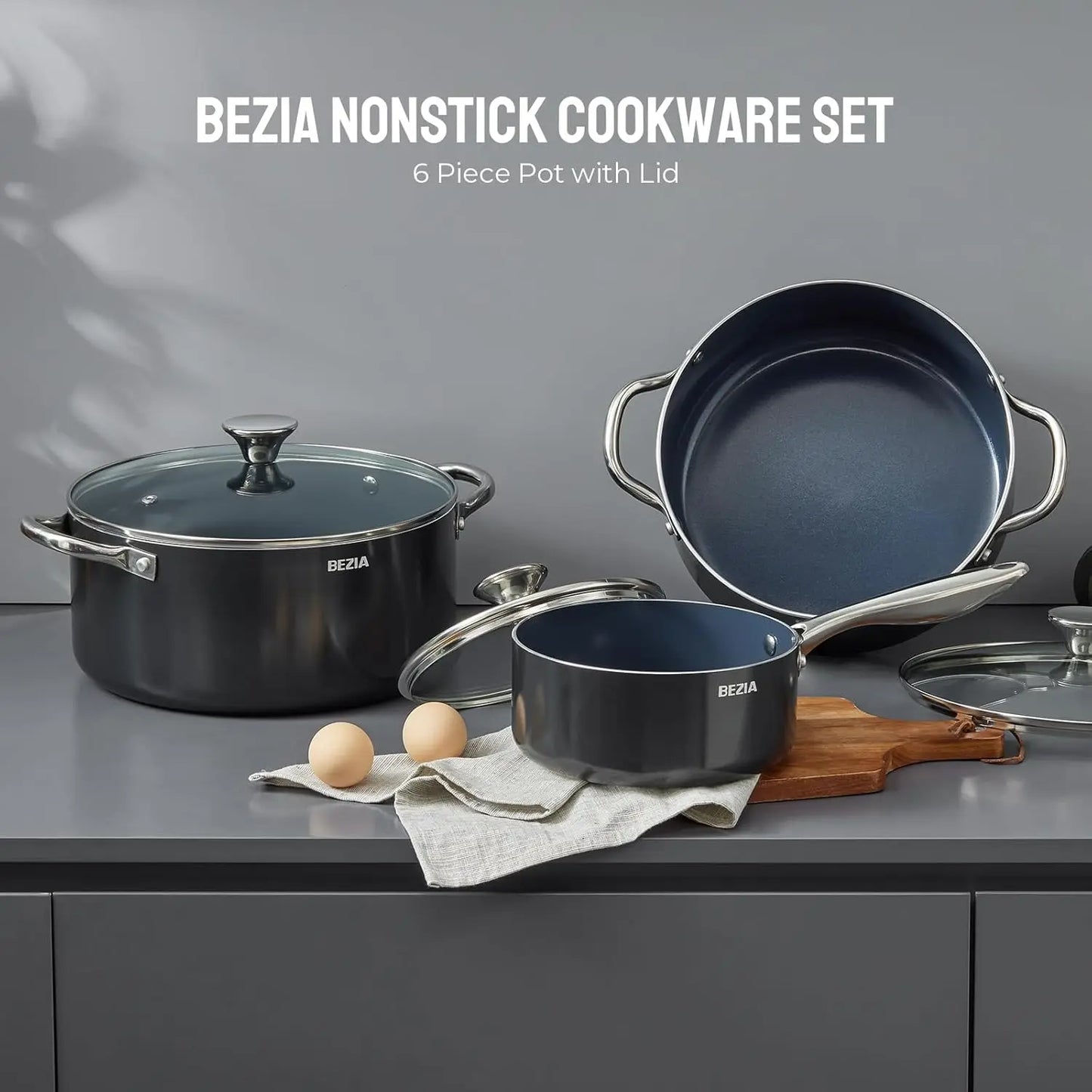 Induction Cookware Set 6-Piece, Stackable Kitchen Cooking Pots Set, 6qt 4.8qt & 2qt Pots with Lids, Dishwasher Safe & Oven Safe,