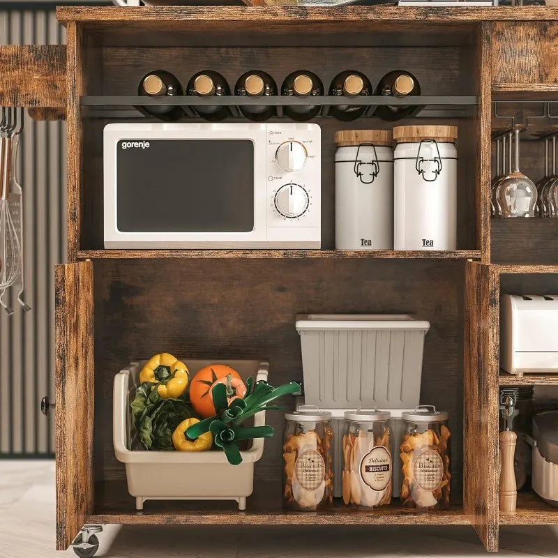 8-in-1 Rolling Kitchen Cart, Drop-Leaf Island with Wine & Spice Racks, Vintage Brown