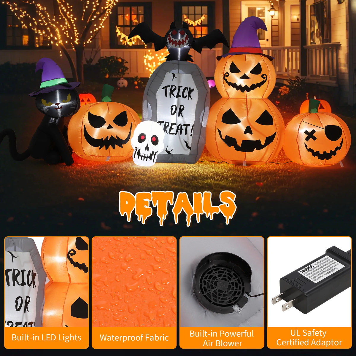 HiMISS Halloween Pumpkin Cat Tombstone Inflatable Decor With LED Lights