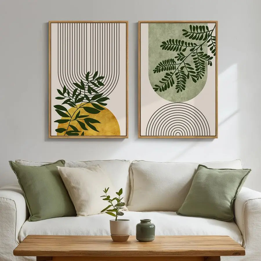 Boho Wall Art Set of 2 Botanical Geometric Canvases