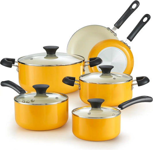 10-Piece Nonstick Ceramic Cookware Set with Saucepans, Frying Pans, Dutch Oven - Yellow Kitchen Pots and Pans