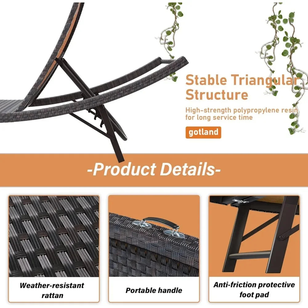Patio Chaise Lounge Sets Outdoor Rattan Adjustable Back 3 Pieces Cushioned Patio Folding Chaise Lounge with Folding Table