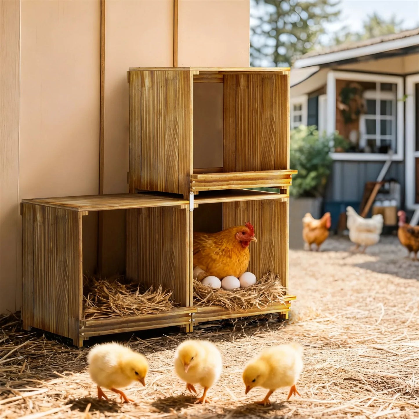 BORWART 3-Compartment Wooden Nesting Box For Chickens And Ducks