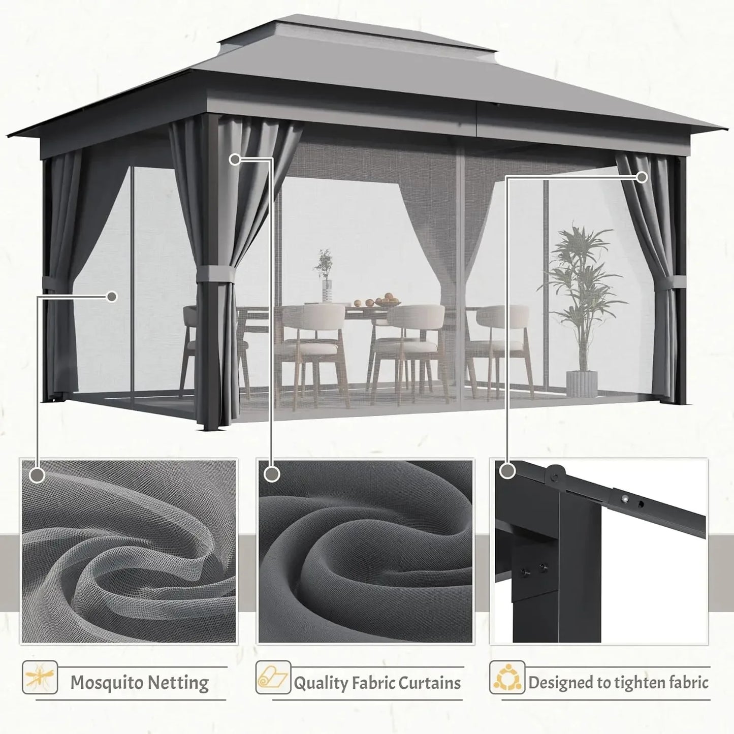 Outdoor Gazebo Canopy With Heavy Duty Metal Frame Mosquito Net