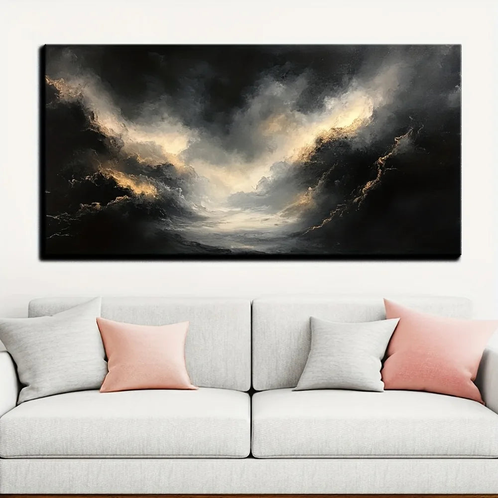 Abstract Black Gold Texture Modern Art Painting With Pine Frame
