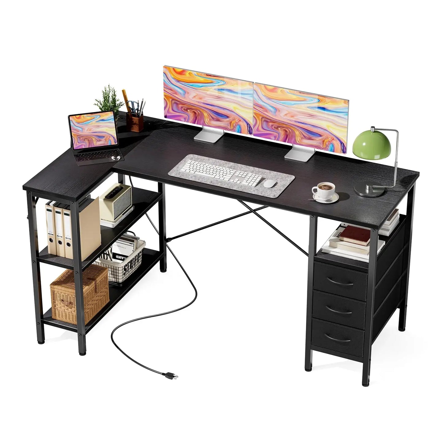 JHK L Shaped Computer Desk with Drawers And Power Outlet