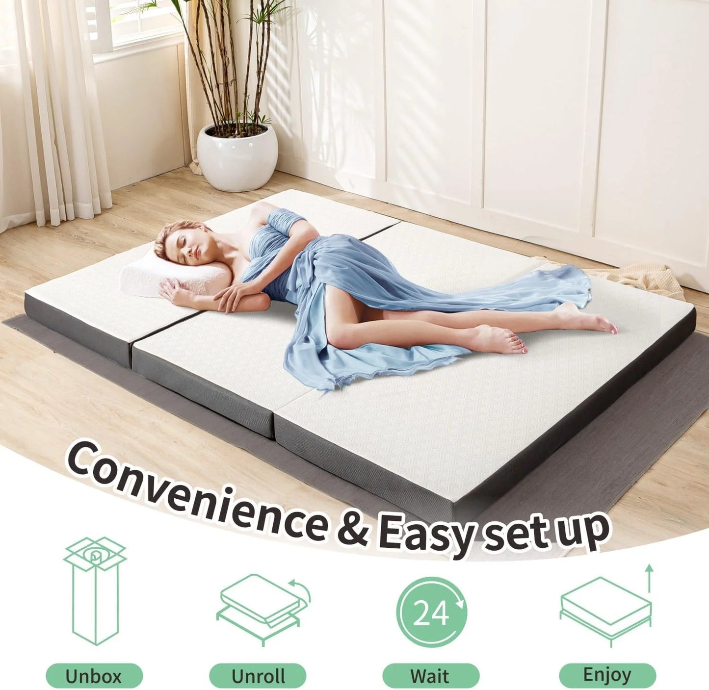 Hcore 3/4 Inch Tri-Fold Mattress With Washable Cover, Storage Pockets And Non-Slip Bottom For Yoga, Camping, Guest Rooms