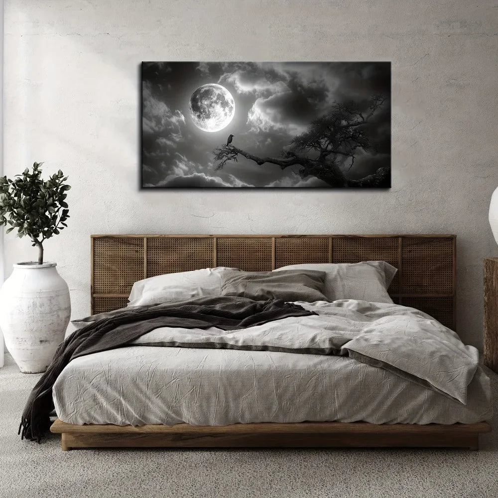 Pine Solid Wood Frame Night Landscape Moon Print Wall Art
