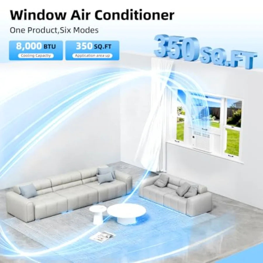 Window air conditioner for home use, white ABS plastic, 8000 BTU cooling capacity, 6-in-1 modes with remote, energy-saving, coo