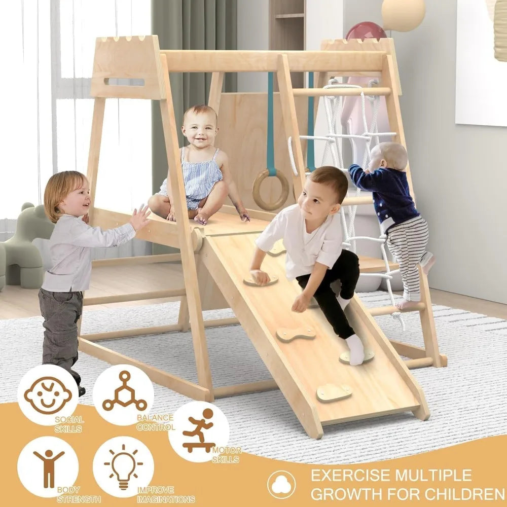 Indoor Toddler Climber Playset 8 In 1 Wood Jungle Gym