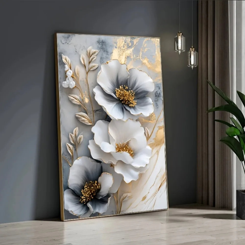 Modern Luxury Floral Canvas Mural Framed Depth Effect Painting