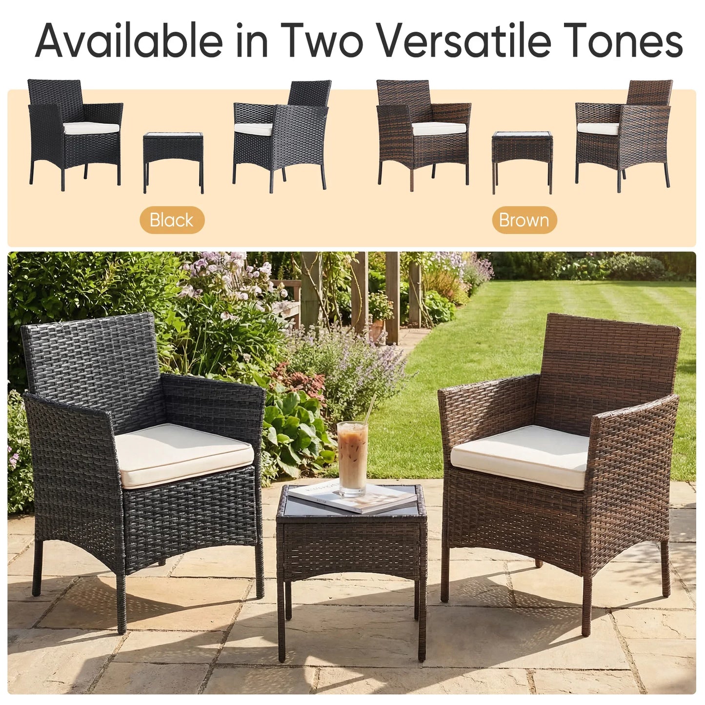 3 Piece Outdoor Patio Furniture Set Rattan Wicker With Glass Table