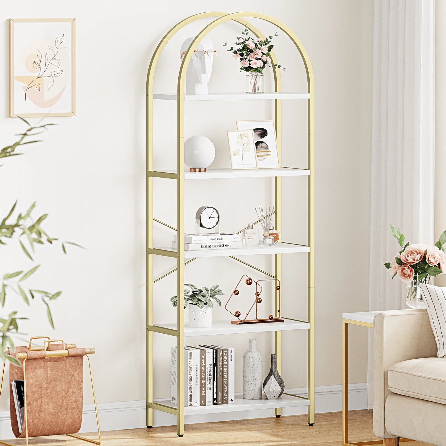 5 Tier Bookshelf Arched Display Shelves Tall Standing Bookshelves Metal Frame Modern Storage Rack Shelf Large Wooden Bookcase